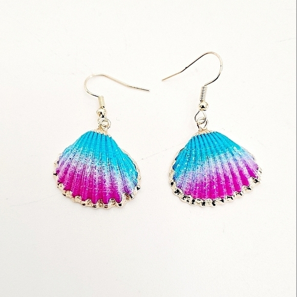 Gold statement earrings blue pink seashell boho mermaid beach tropical 💖2/$30 - Picture 6 of 13
